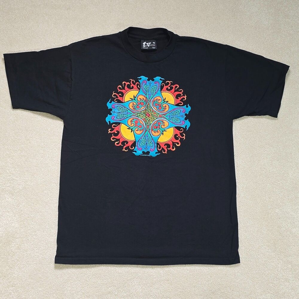 Vintage 90s Fashion Victim Courtney Davis Celtic Cross Shirt Large Black Art